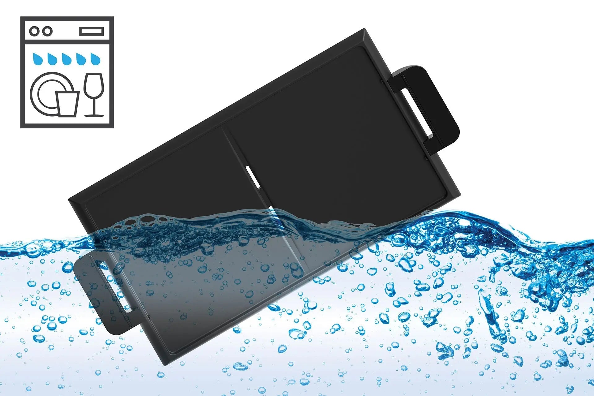 Bac noir immergé dans l'eau, icône de lave-vaisselle.

