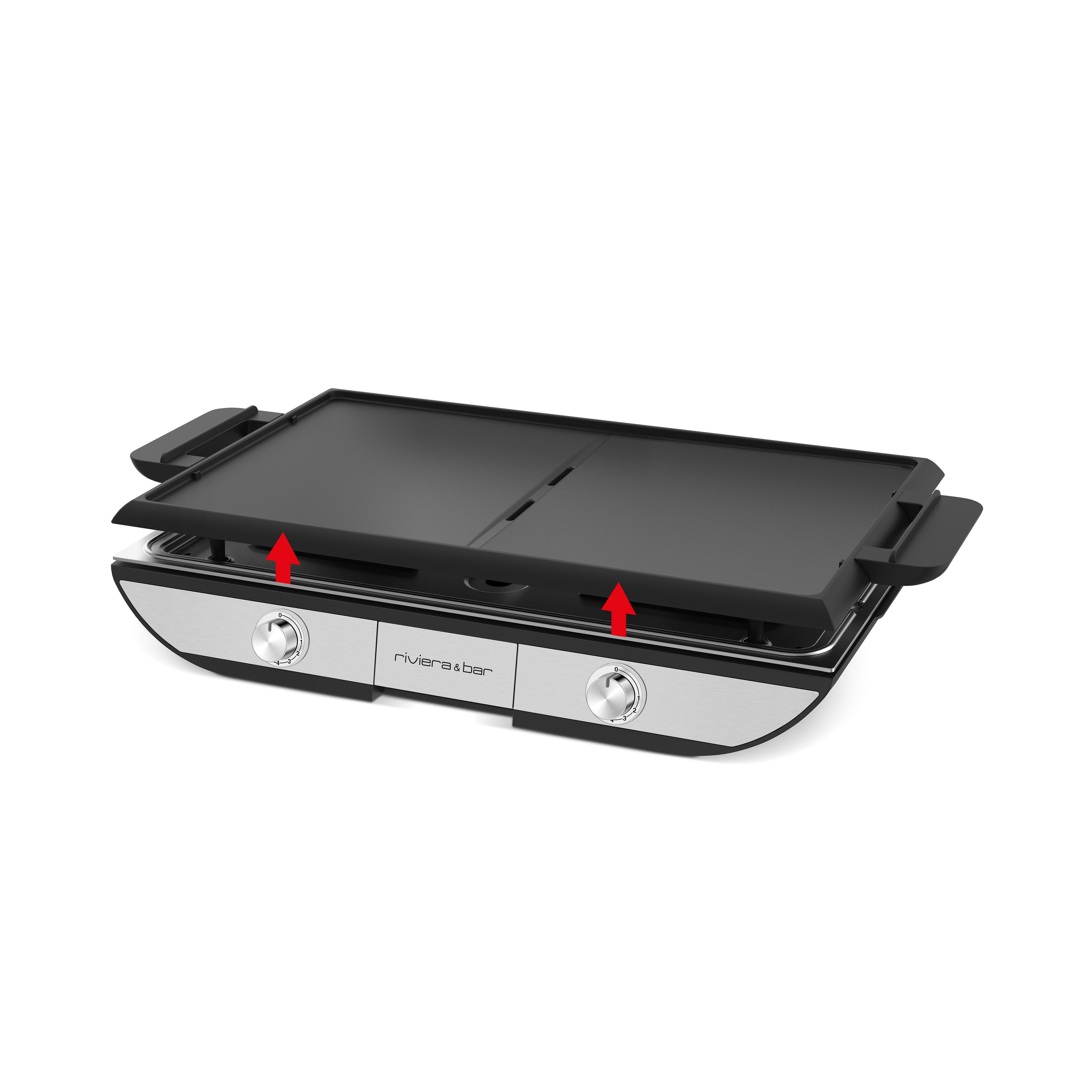 La Plancha QPL 665 de riviera&bar est un grill électrique moderne, noir et argent, doté de deux boutons de commande et d'une double plaque de cuisson amovible. Sa grande surface de cuisson peut servir jusqu'à 10 personnes, comme le montrent les deux flèches rouges qui soulèvent partiellement la plaque.