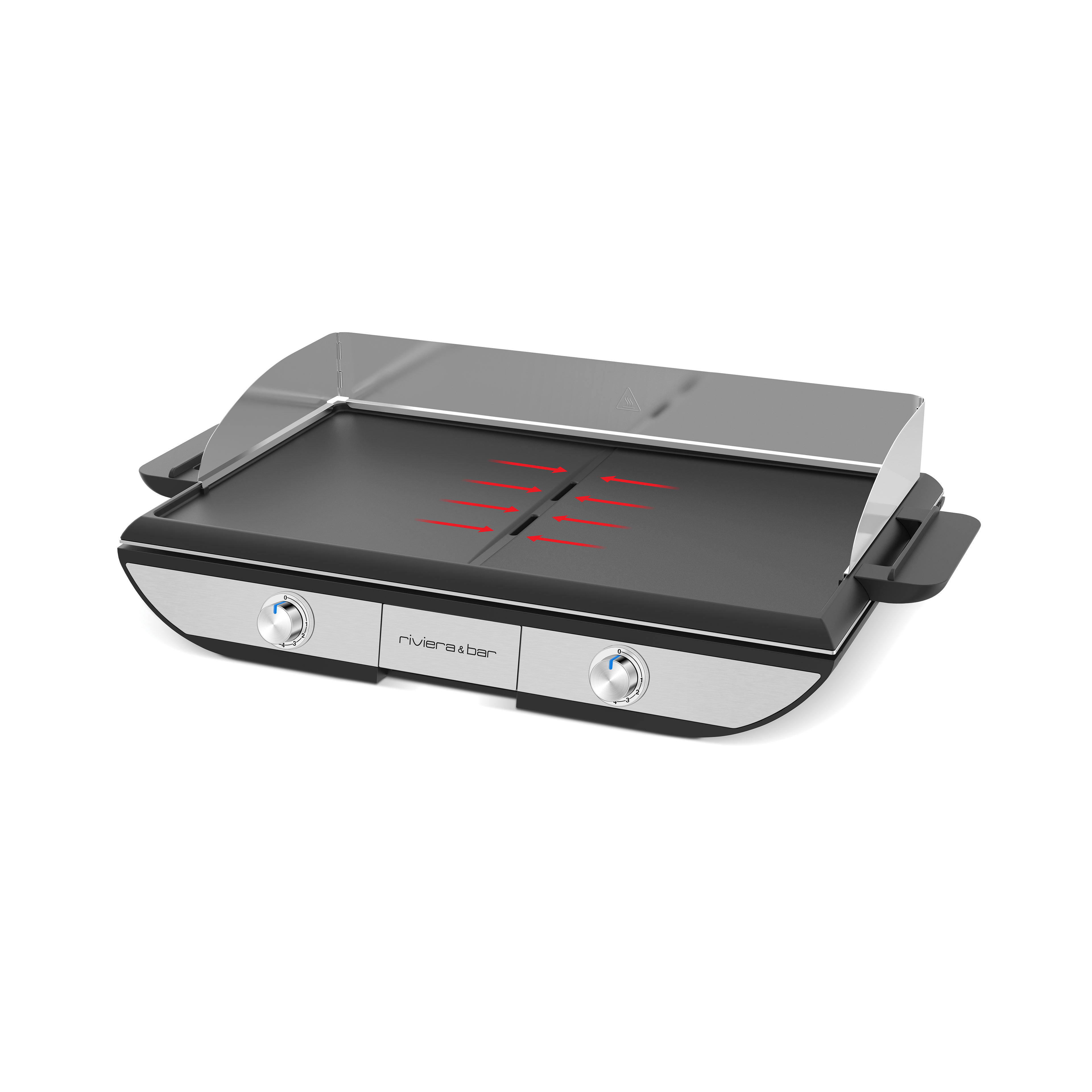 La Plancha QPL 665 de riviera&bar est une plancha électrique rectangulaire et élégante avec deux boutons de contrôle, une grande surface de cuisson pouvant accueillir jusqu'à 10 personnes et une protection transparente contre les éclaboussures à l'arrière. Le logo riviera&bar apparaît sur le panneau avant.