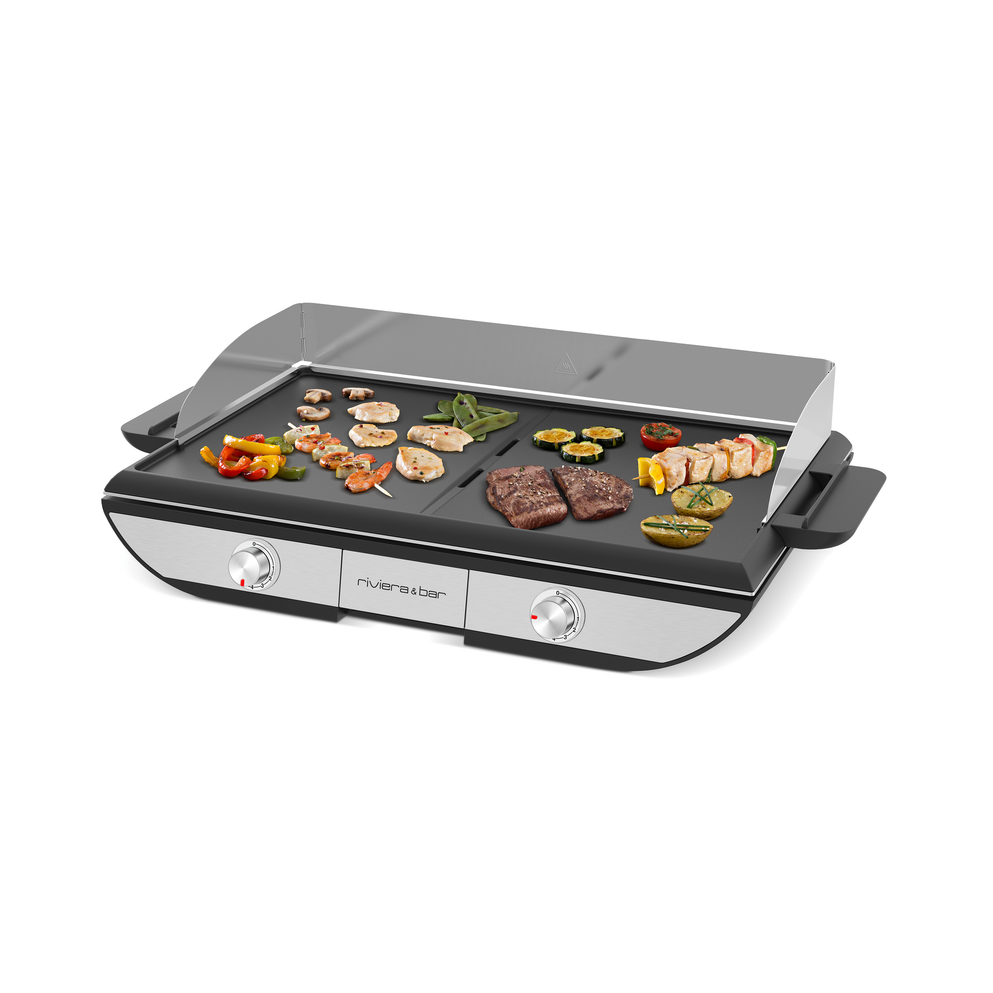 La Plancha QPL 665 de riviera&bar est une plancha électrique rectangulaire avec des côtés en acier inoxydable, deux boutons de contrôle, et une grande surface de gril plat/ridé divisée qui cuit la viande, les brochettes, les légumes et les crevettes pour un maximum de 10 personnes.
