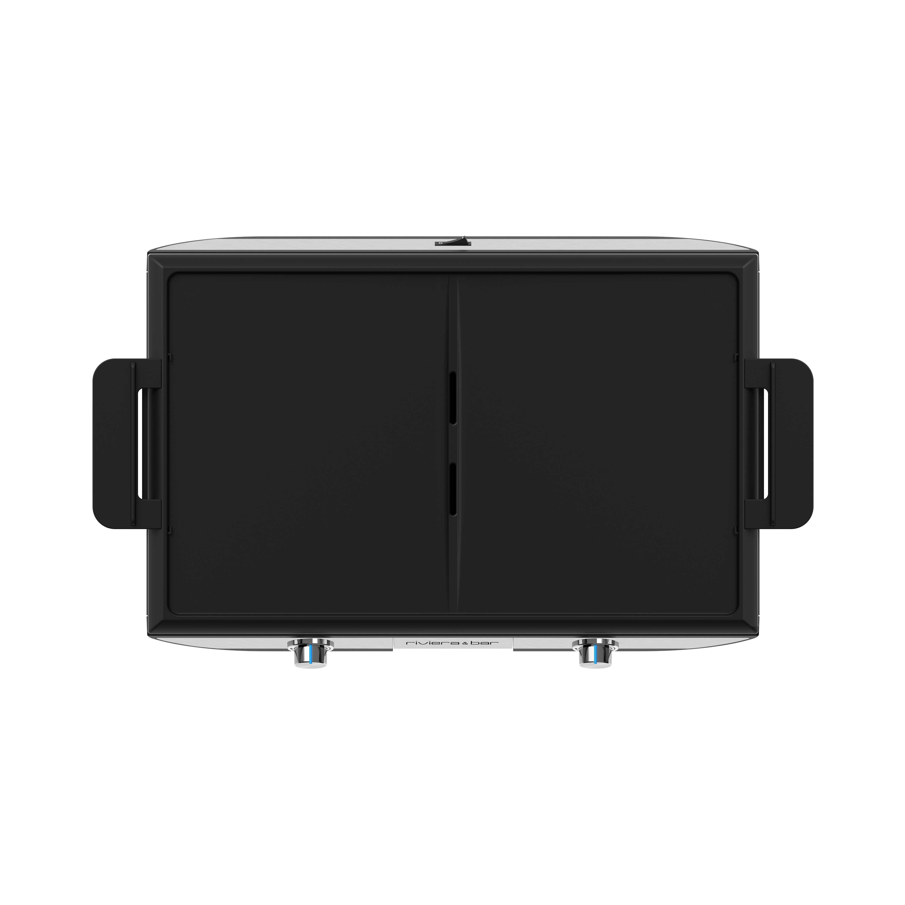 La Plancha QPL 665 de riviera&bar est un appareil rectangulaire noir avec deux portes avant fermées, des poignées latérales, et deux boutons de contrôle en bas, offrant une grande surface de cuisson idéale pour jusqu'à 10 personnes, présentée sur un fond blanc.