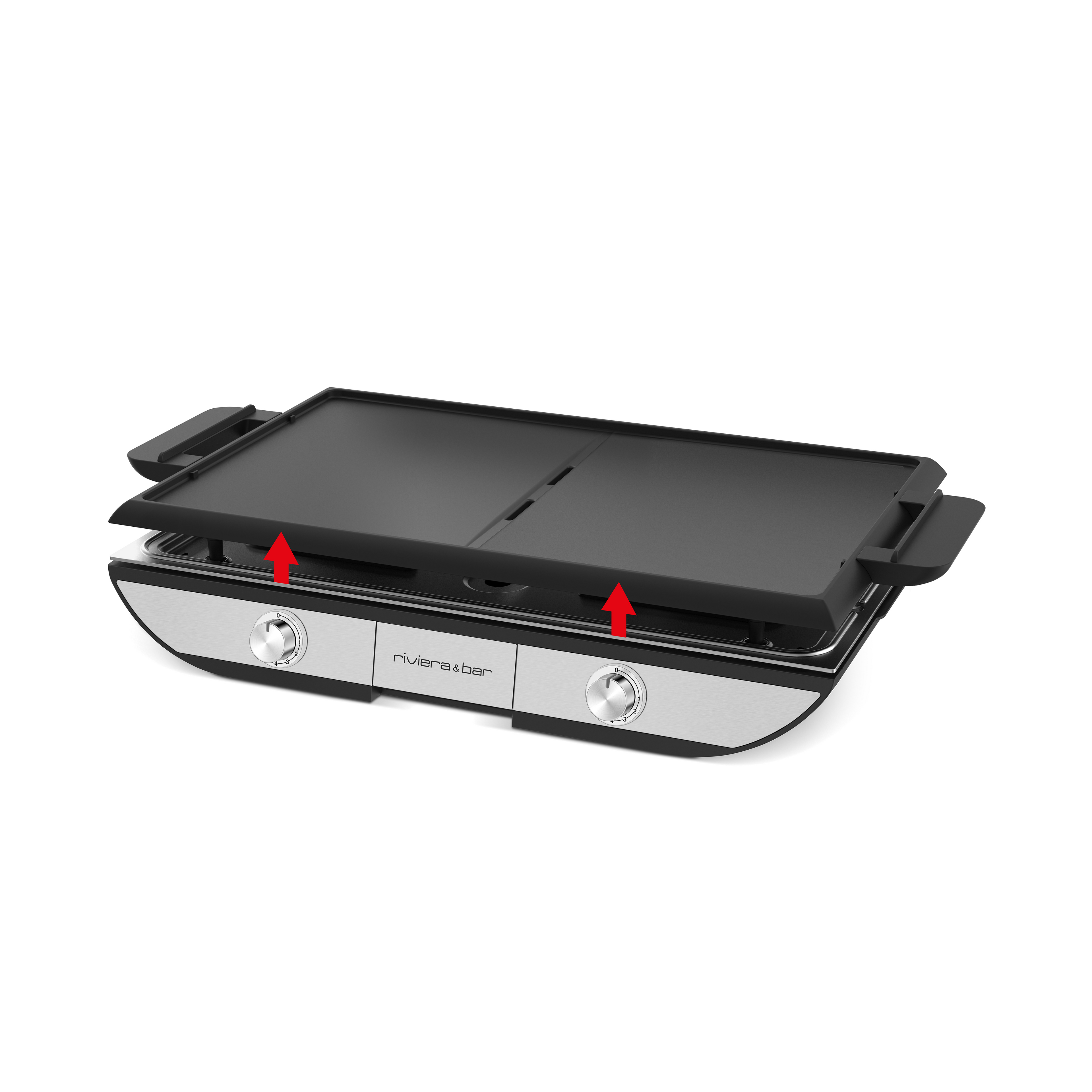 La Plancha électrique avec plaque amovible riviera&bar dispose de deux boutons de commande et d'une plaque antiadhésive amovible. Deux flèches rouges indiquent que le gril intégré se soulève facilement, rendant la cuisson conviviale sans effort.