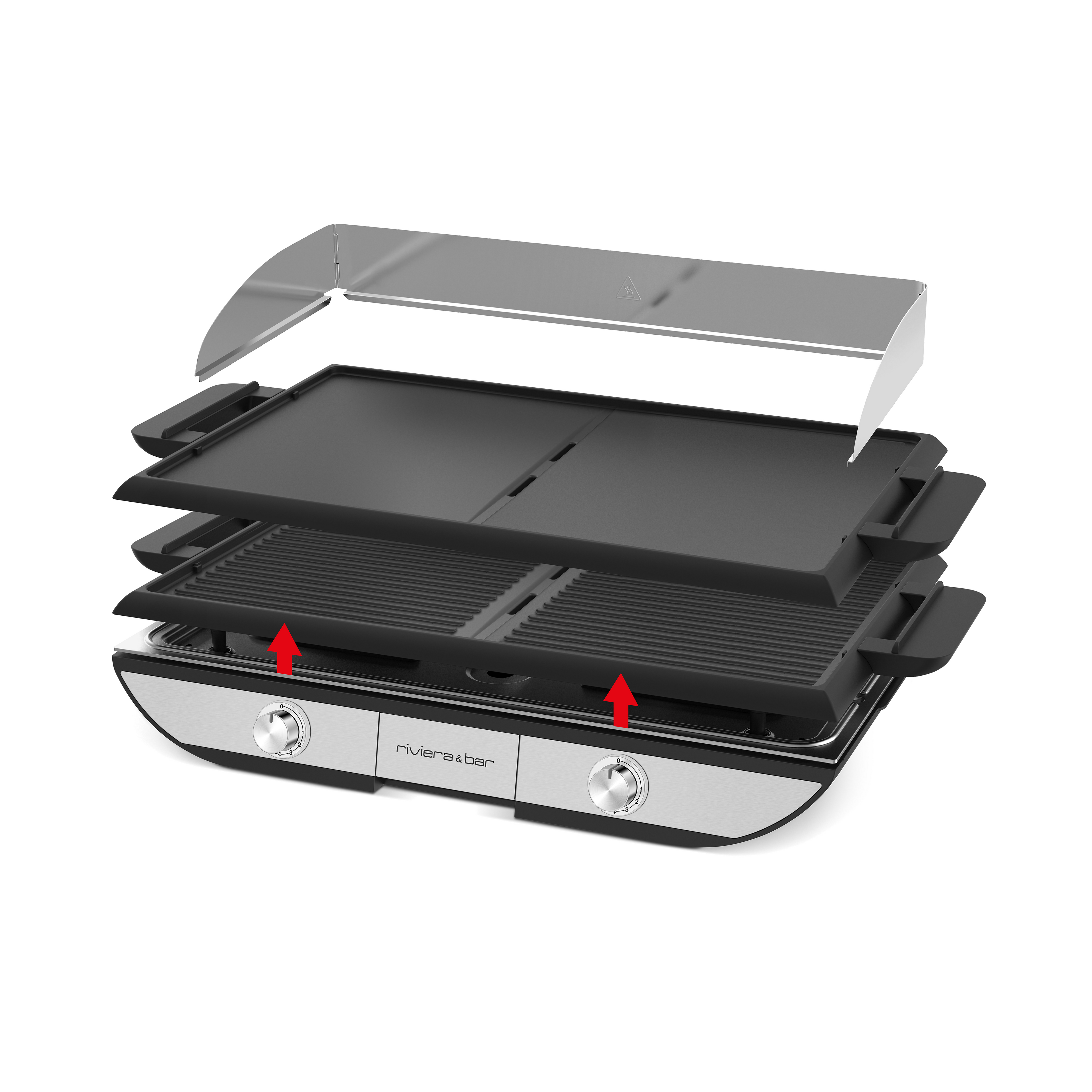Vue éclatée d'une riviera&bar Plancha électrique avec plaque amovible, argentée et noire, comportant deux boutons de commande, des plaques grill et plancha amovibles, et une protection métallique contre les éclaboussures. Deux flèches rouges indiquent les points d'insertion de la plaque pour la cuisson conviviale.