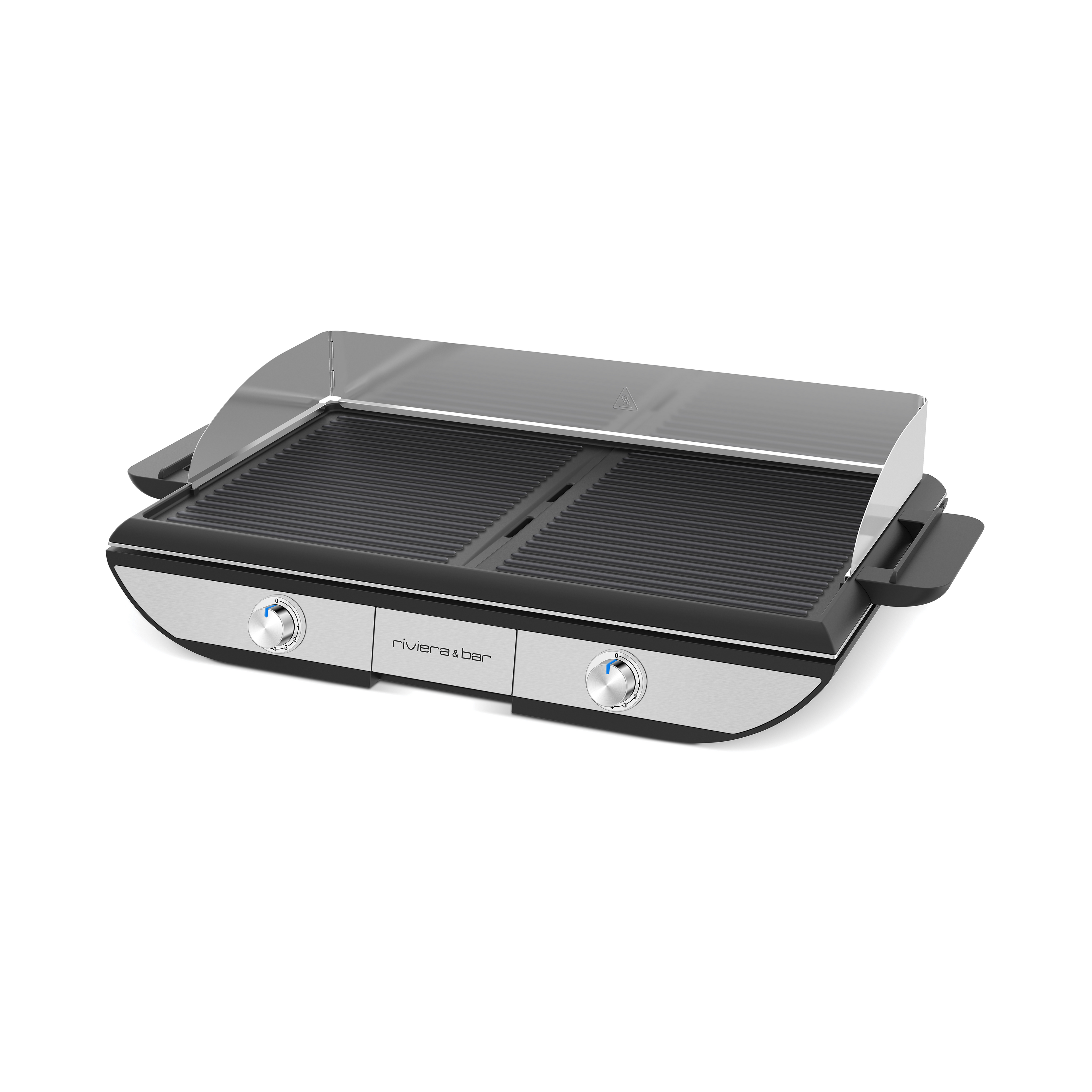 La Plancha électrique avec plaque amovible de riviera&bar dispose d'un couvercle en verre, de deux boutons de contrôle et d'une grille nervurée spacieuse - idéale pour une cuisson conviviale. Présentée sur fond blanc.