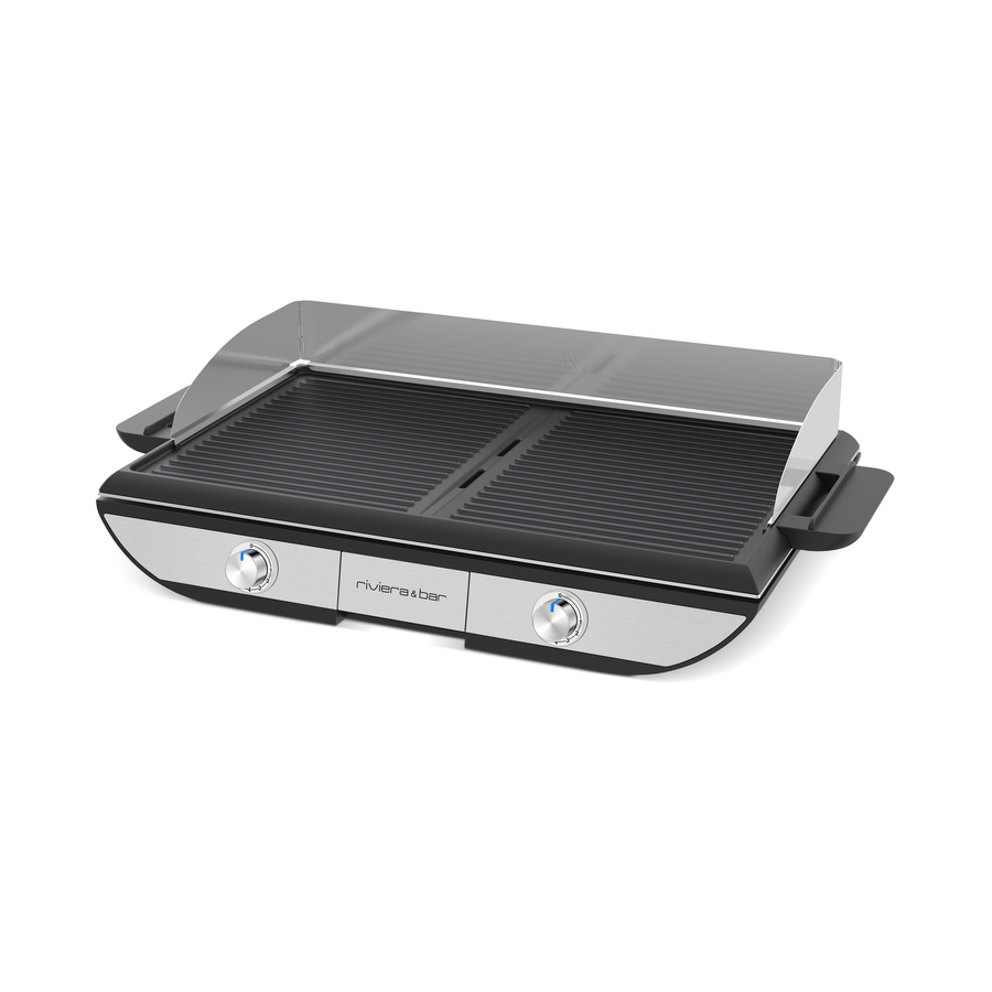 La Plancha électrique avec plaque amovible de riviera&bar dispose d'un couvercle en verre, de deux boutons de contrôle et d'une grille nervurée spacieuse - idéale pour une cuisson conviviale. Présentée sur fond blanc.