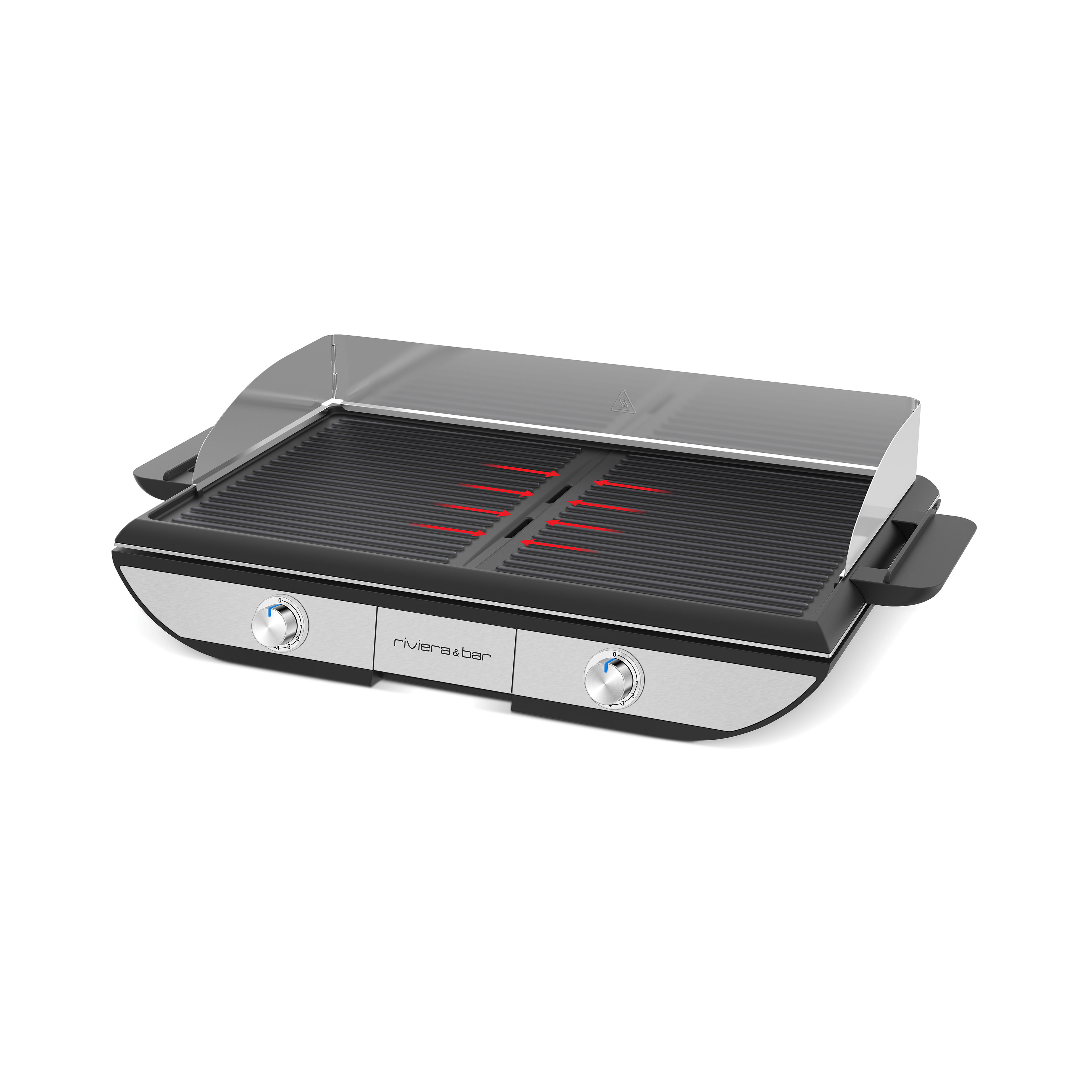 La Plancha électrique avec plaque amovible riviera&bar présente un design rectangulaire moderne avec des accents argentés et noirs, deux boutons de contrôle, un couvercle en métal, et une surface de grillade noire pour une cuisson conviviale.