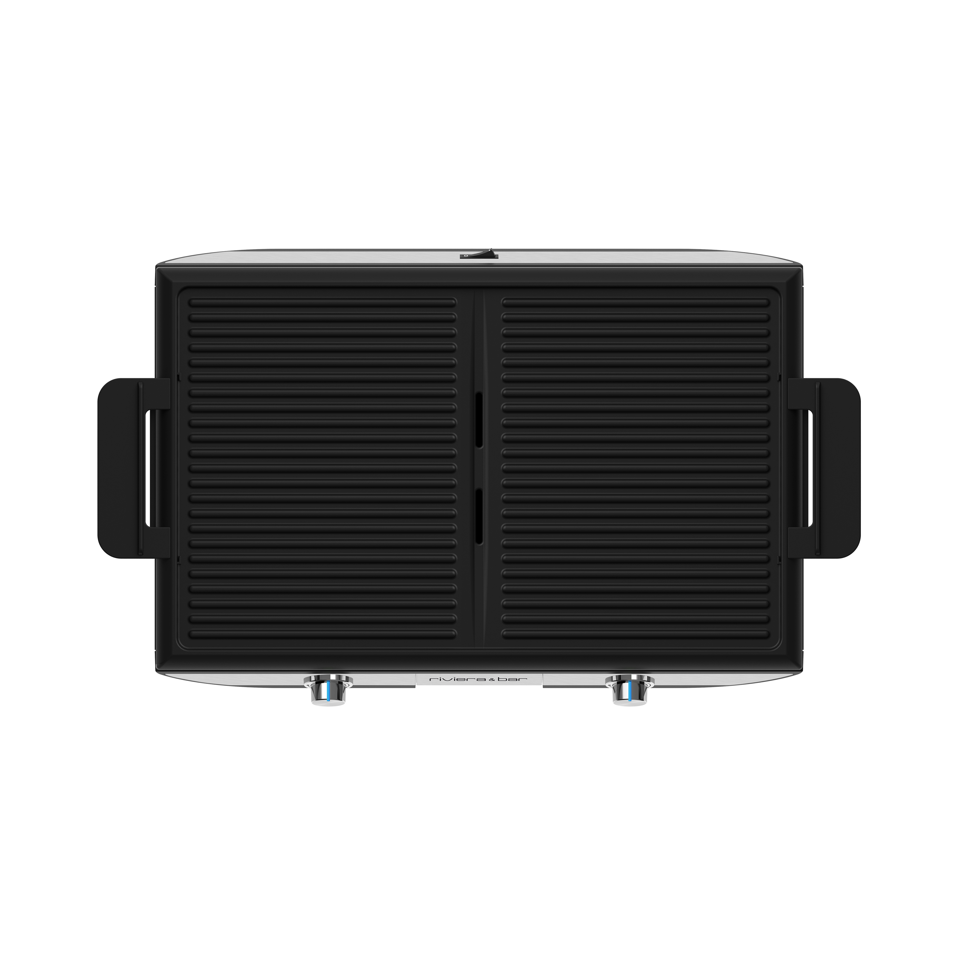La Plancha électrique avec plaque amovible riviera&bar est un grill portable rectangulaire noir avec un couvercle nervuré fermé, gril intégré, deux poignées latérales, et deux boutons de contrôle inférieurs, parfait pour une cuisson conviviale.