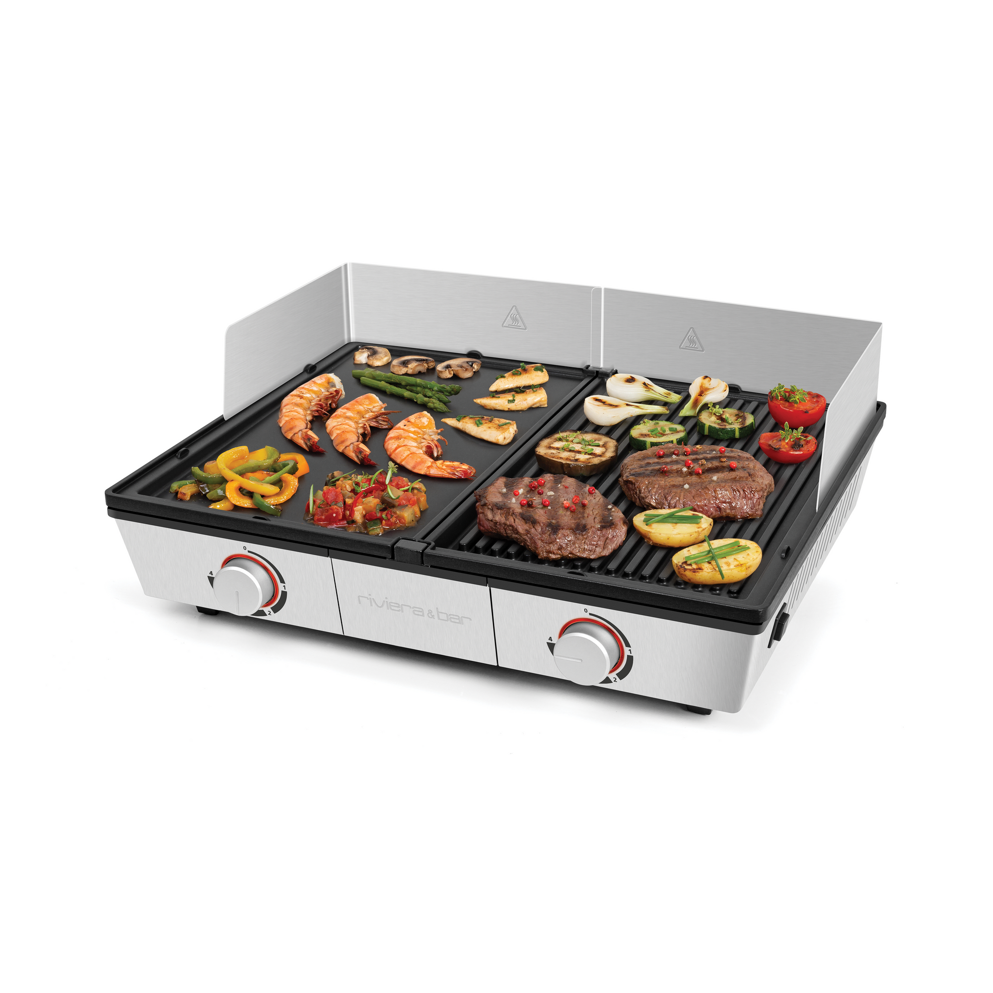 La plancha avec récupérateur de graisse riviera&bar offre deux surfaces inox indépendantes pour cuire crevettes, steaks, légumes et brochettes, avec pare-éclaboussures à l'arrière et sur les côtés.
