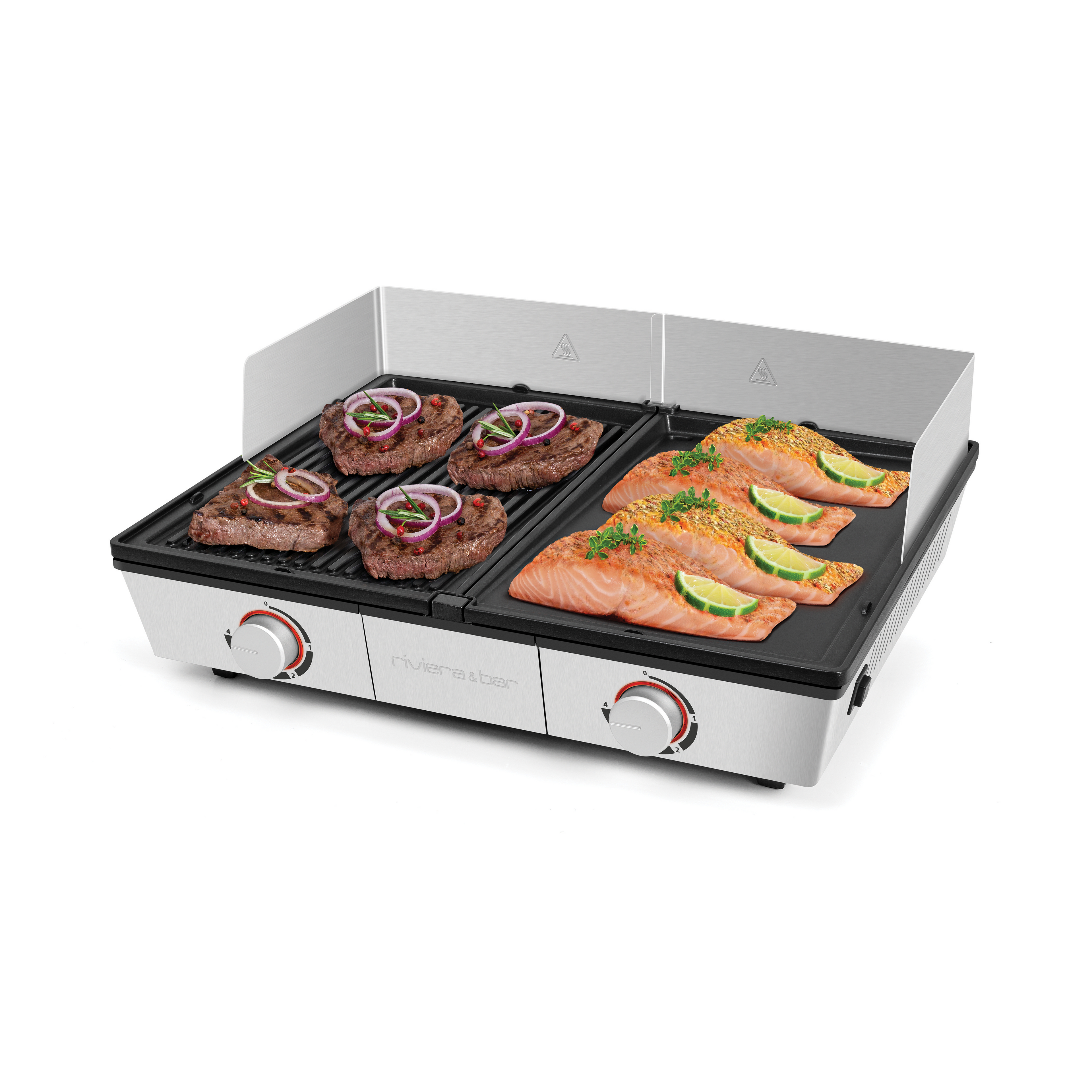 La Plancha riviera&bar avec récupérateur de graisse offre une grande surface de cuisson avec des zones indépendantes, idéale pour griller des galettes de bœuf avec de l'oignon rouge d'un côté et des filets de saumon avec du citron vert et des herbes de l'autre.