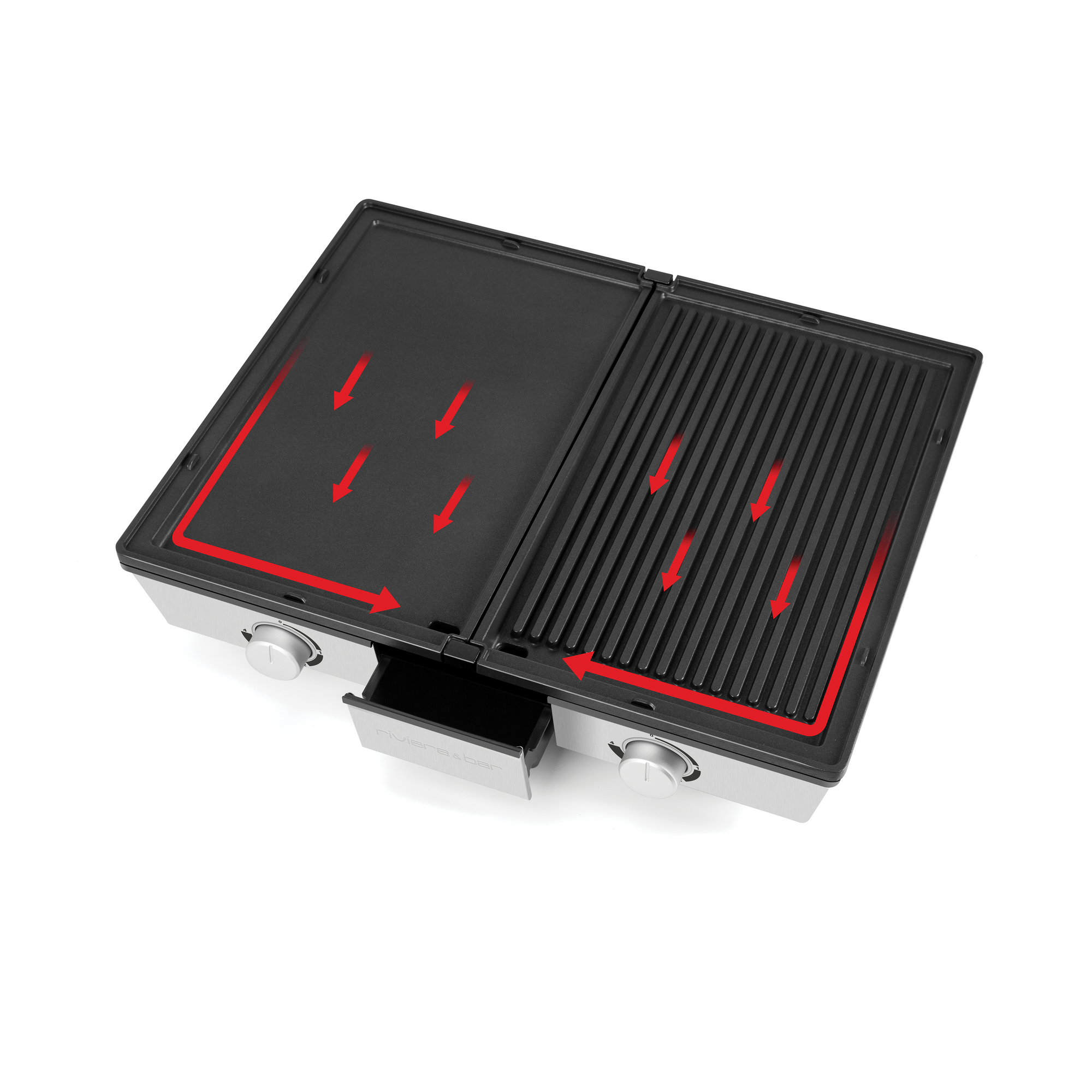 La Plancha avec récupérateur de graisse riviera&bar offre une grande surface avec une plaque lisse à gauche et une plaque grill à droite. Deux boutons à l'avant contrôlent les zones, et les graisses s'écoulent vers un bac amovible.