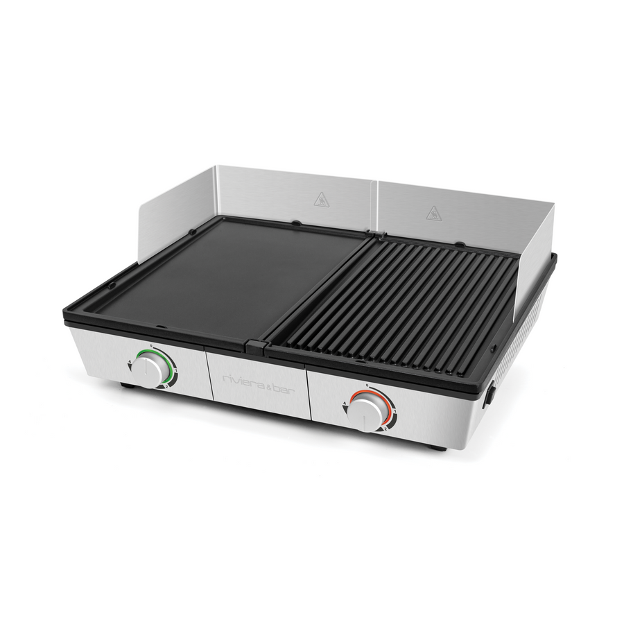 La Plancha riviera&bar avec récupérateur de graisse offre des zones indépendantes, une grande surface de cuisson avec des sections plates et striées, des commandes doubles, et un dosseret en acier inoxydable pour la protection.