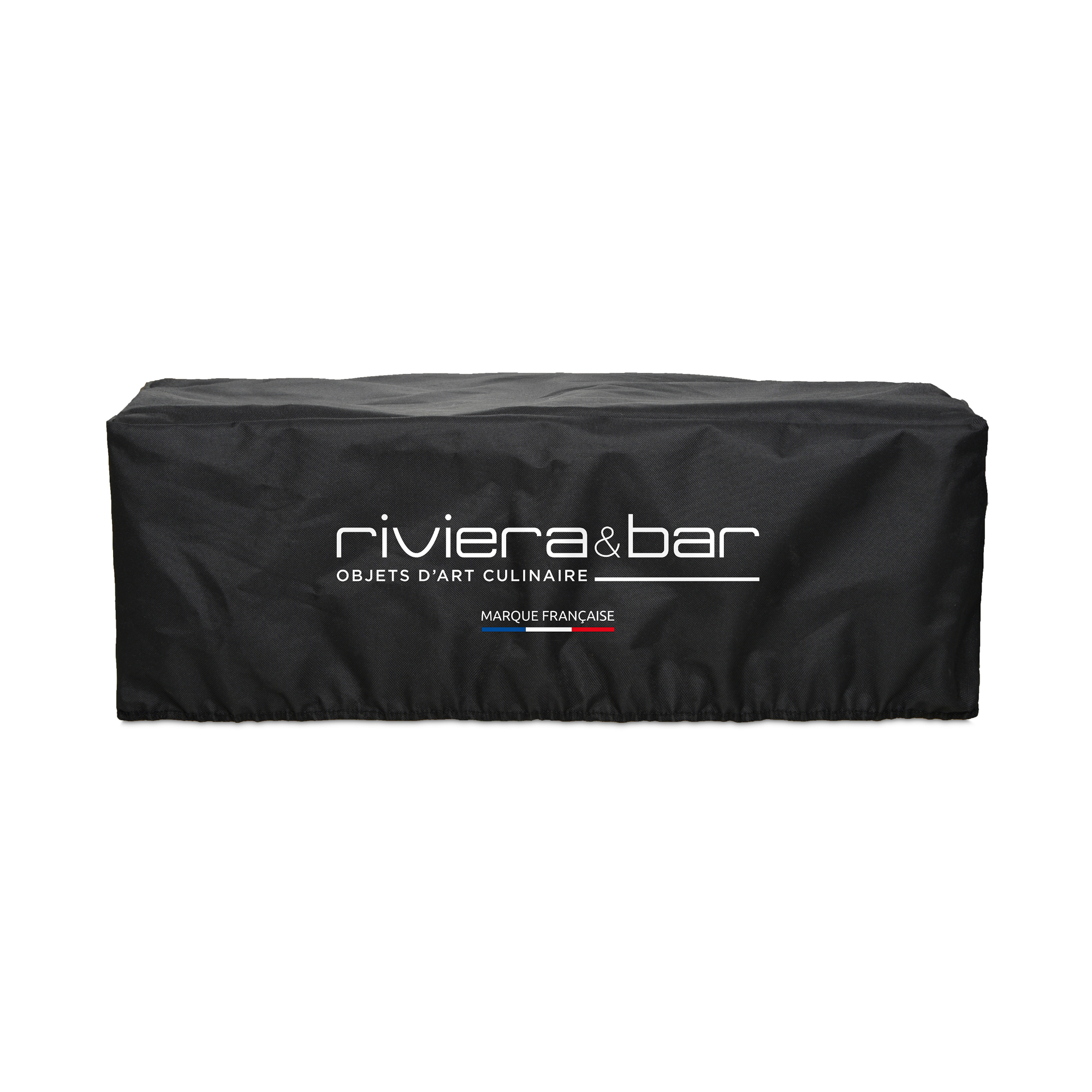 Housse rectangulaire noire imperméable à l'eau, portant l'inscription "Riviera&bar FR" et un petit drapeau français, idéale pour protéger votre Le kit essentiel plancha fonte émaillée, représenté sur un fond blanc.