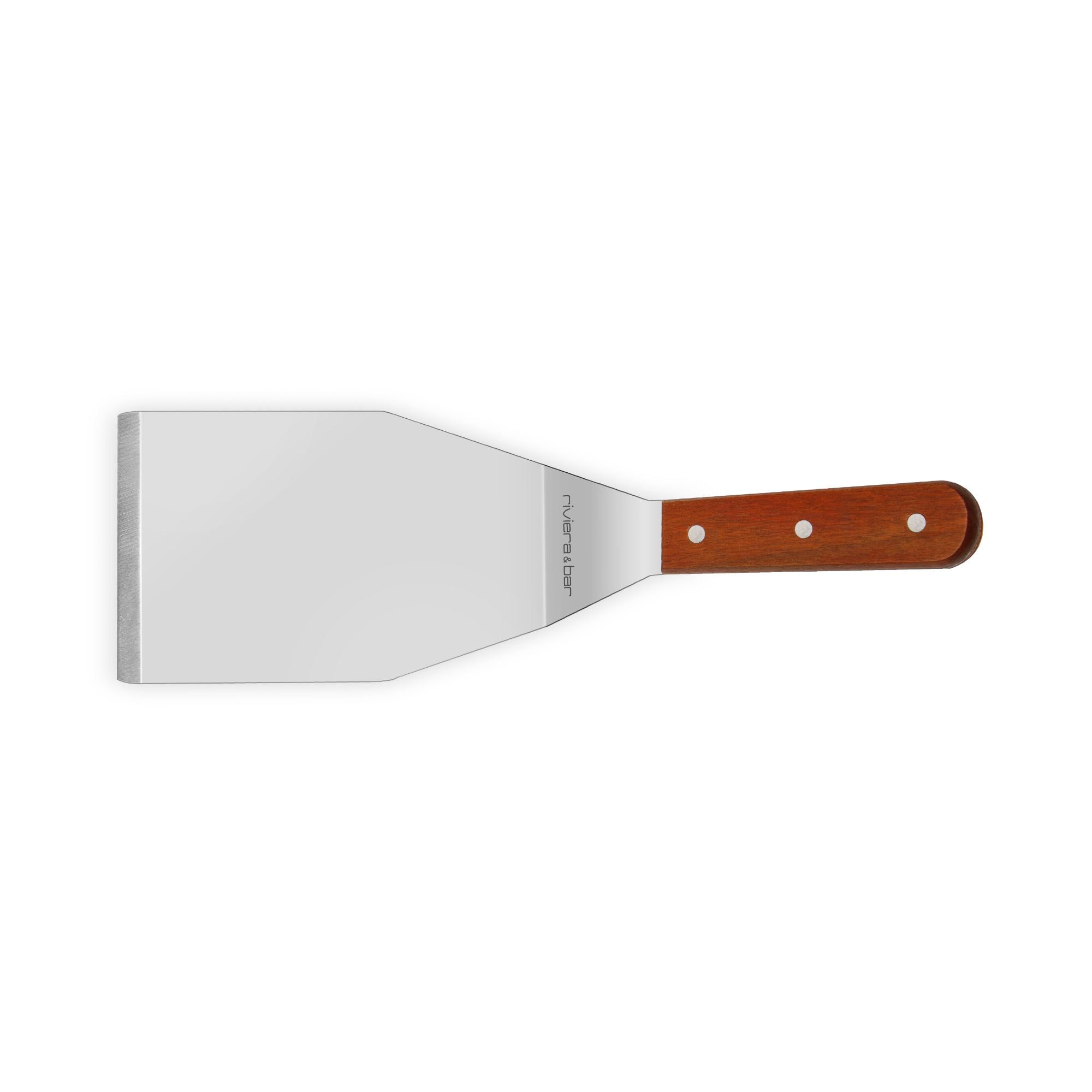 Le kit expert plancha inox de Riviera&bar FR comprend une spatule en métal avec une lame large et plate et un manche en bois marron avec trois rivets, un accessoire plancha idéal pour votre kit plancha extérieur, présenté sur fond blanc.