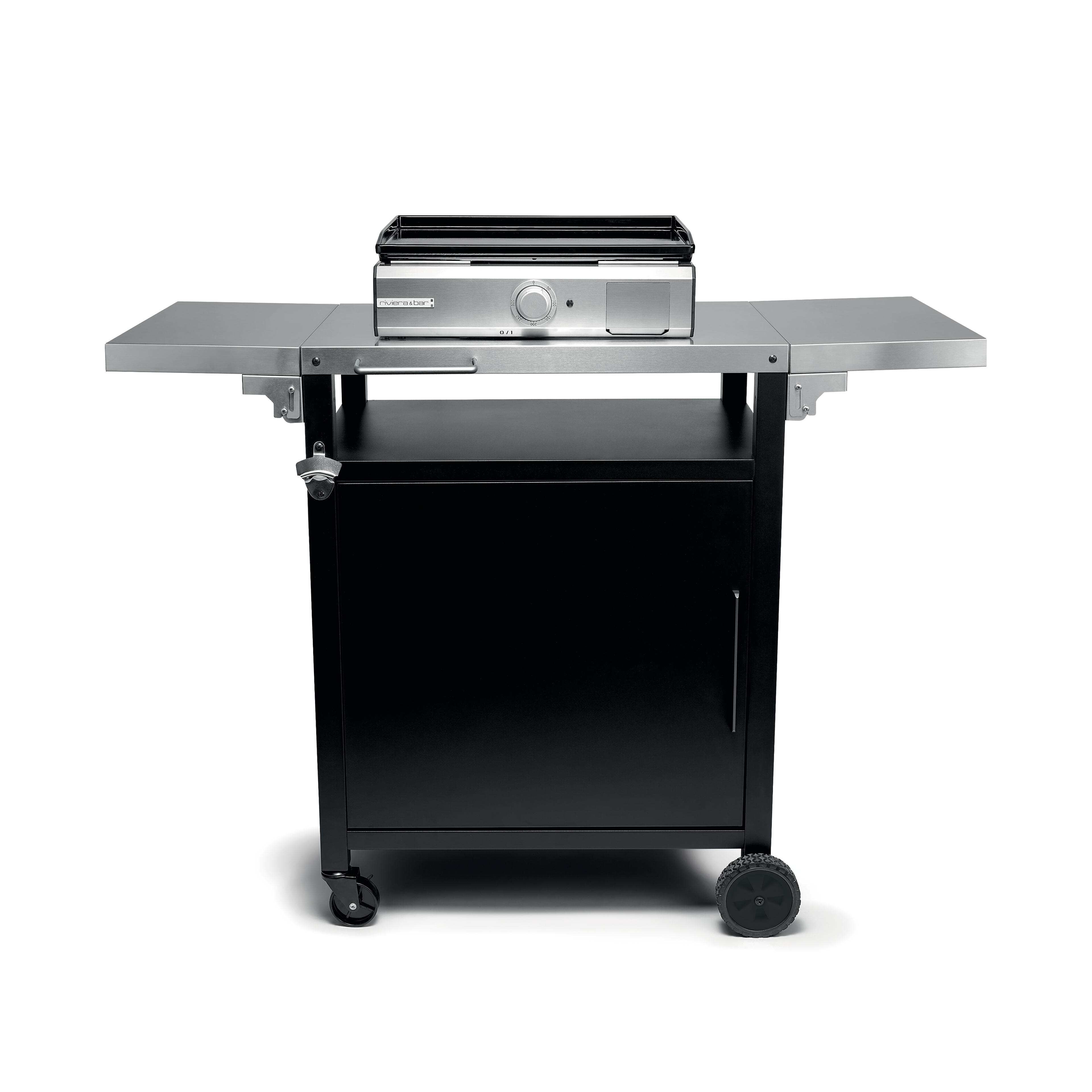 Le Riviera&bar FR Desserte pour plancha d'extérieur se compose d'une base de meuble noire sur roulettes, de deux étagères latérales et d'un plan de travail extensible, le tout sur fond blanc.