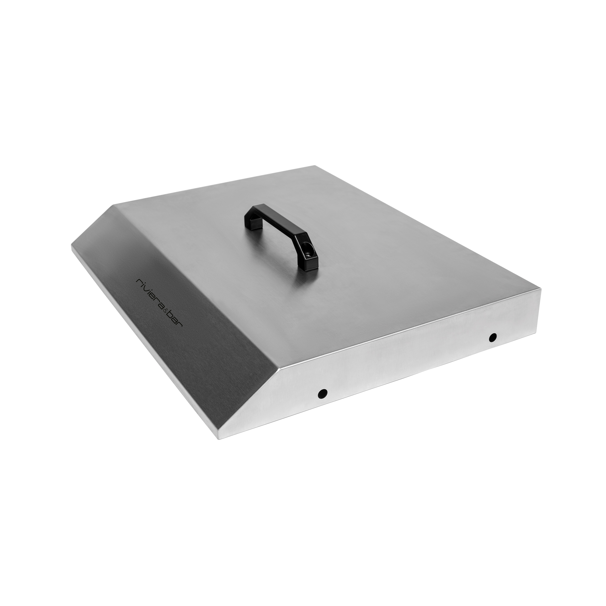 Le Riviera&bar FR Petit couvercle pour plancha est un couvercle rectangulaire en acier inoxydable avec une poignée supérieure noire, conçu pour protéger la plancha QPL1045. Résistant aux intempéries, il est présenté sur fond blanc.