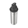 Bouteille isotherme en acier inoxydable avec couvercle noir.
