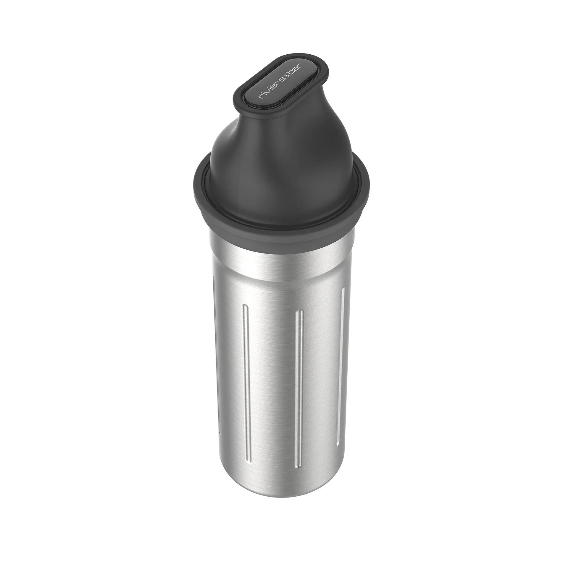 Bouteille isotherme en acier inoxydable avec couvercle noir.
