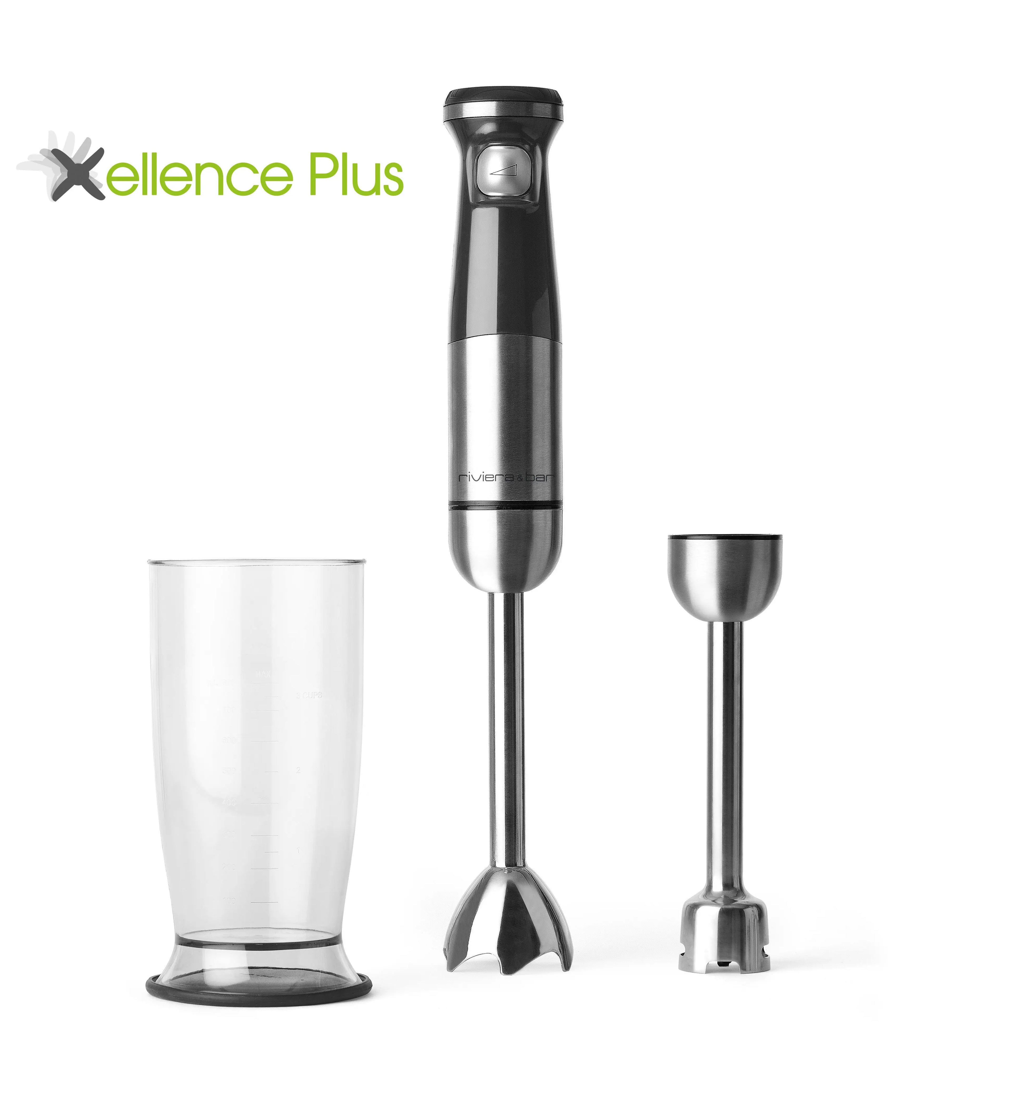 Mixeur plongeant en acier inoxydable avec gobelet.
