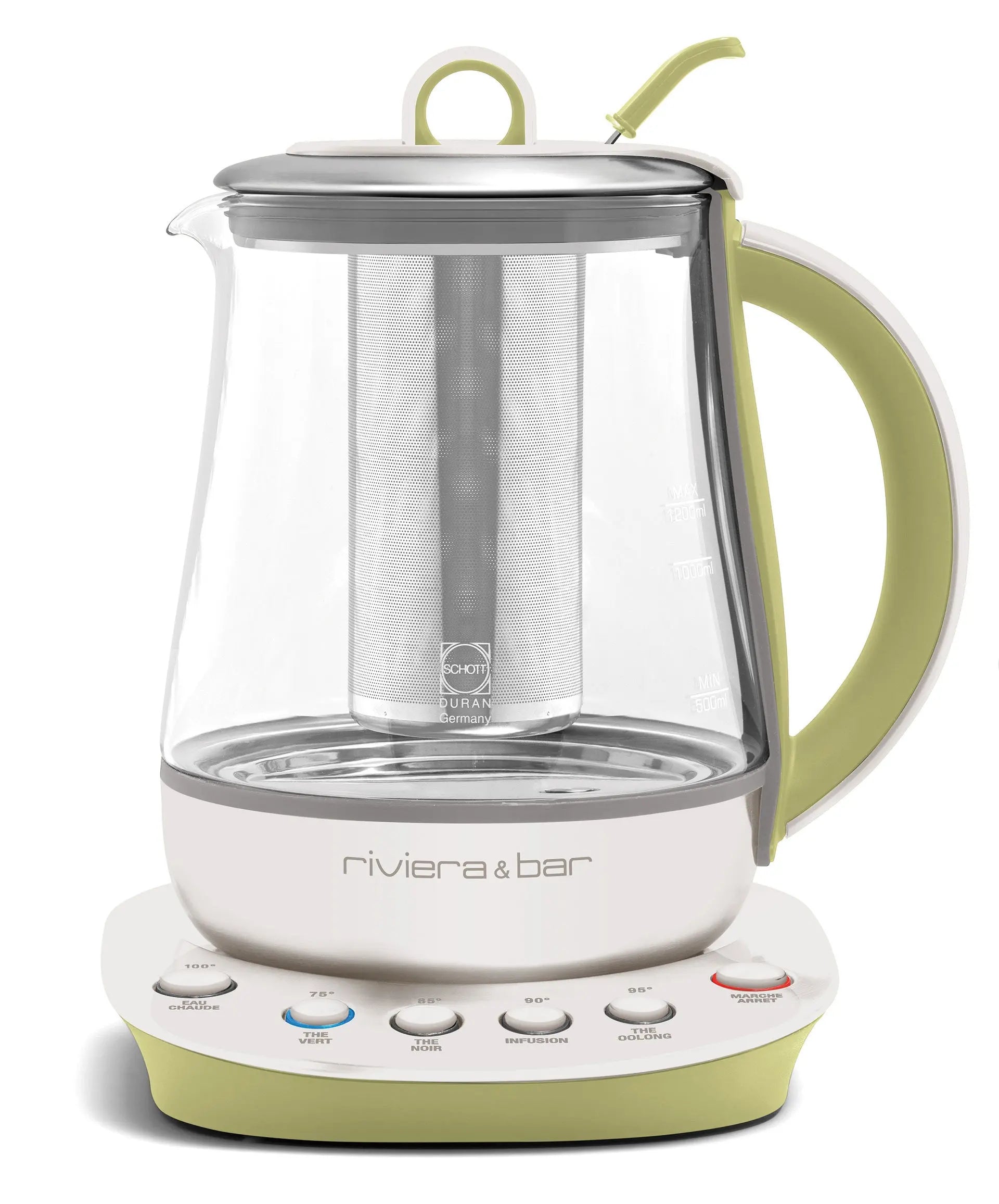 Théière électrique en verre et acier inoxydable, base blanc cassé et vert amande.