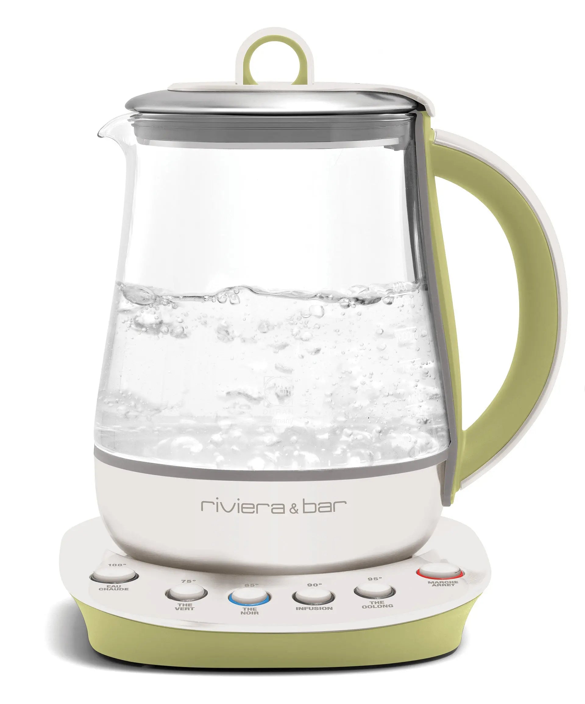 Bouilloire électrique en verre et blanc cassé avec détails vert clair.