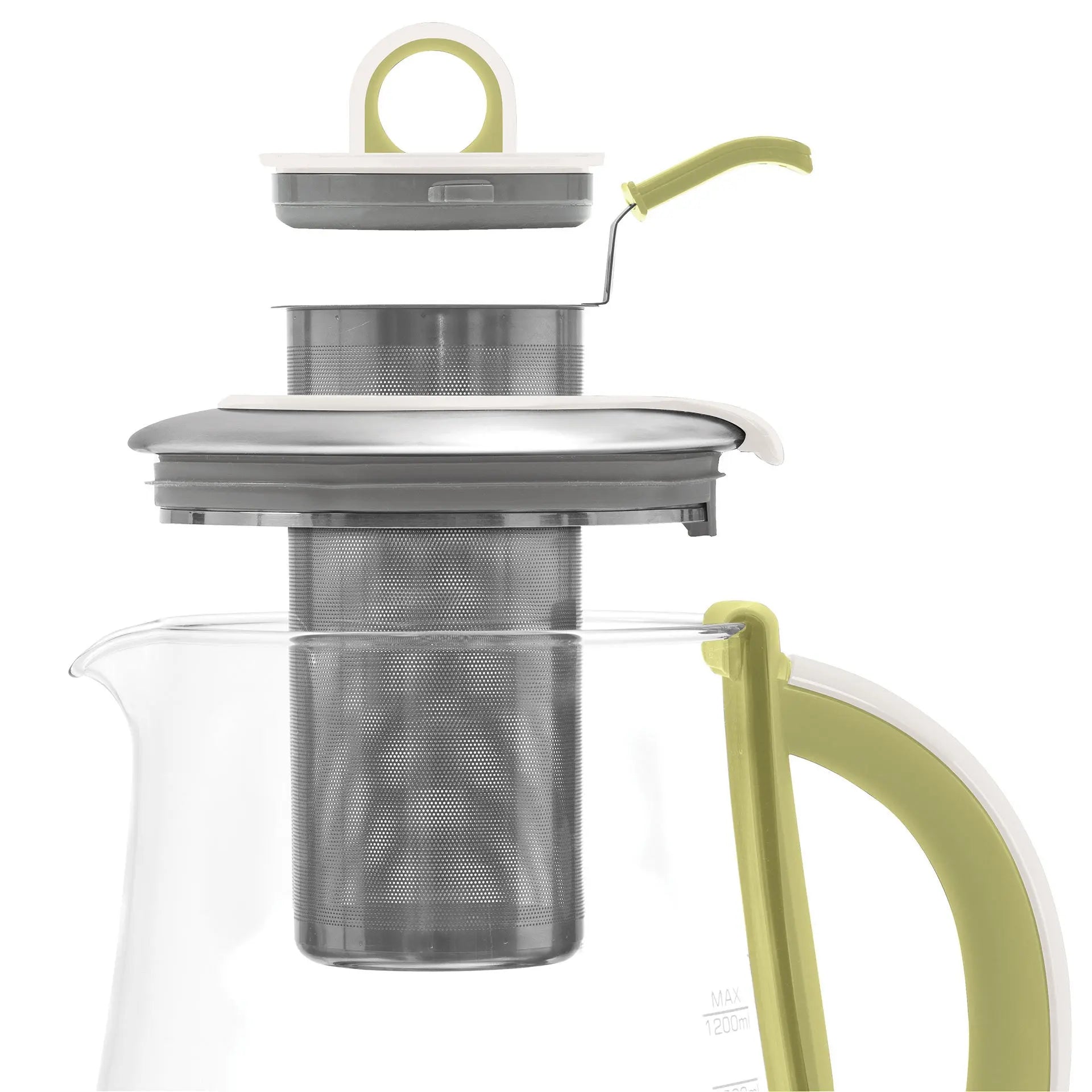 Théière en verre avec filtre et couvercle vert et blanc.