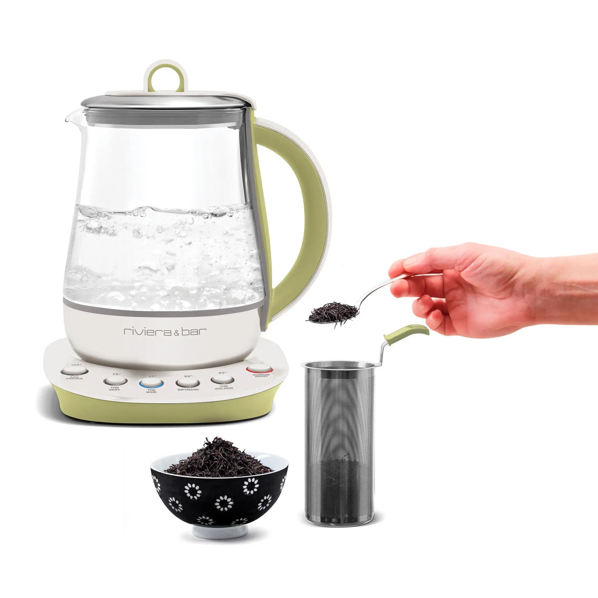 Théière électrique en verre et métal, thé noir, infuseur en métal.

