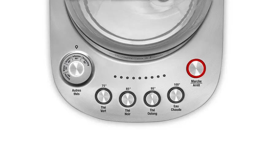 Panneau de commande d'une théière en acier inoxydable avec divers boutons de température.