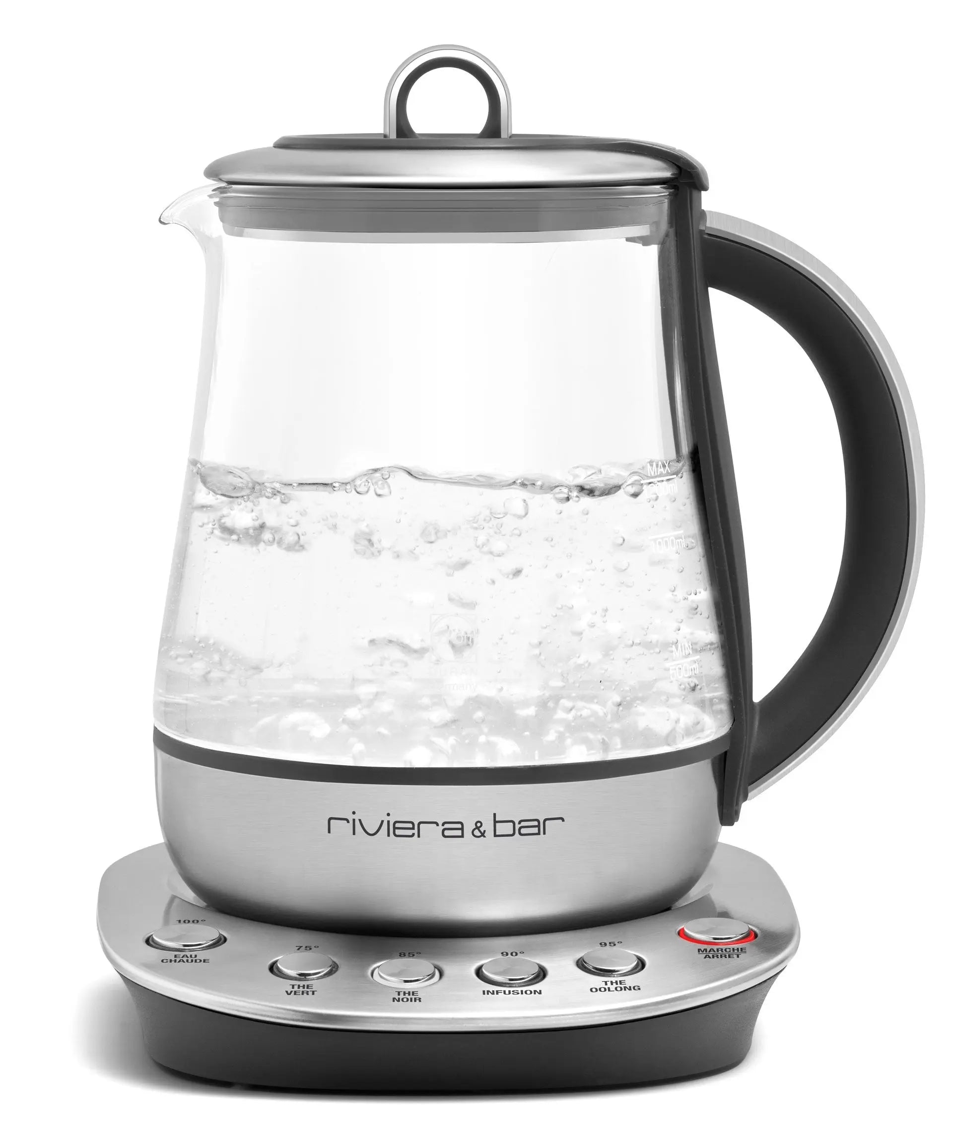 Bouilloire électrique en verre et acier inoxydable.