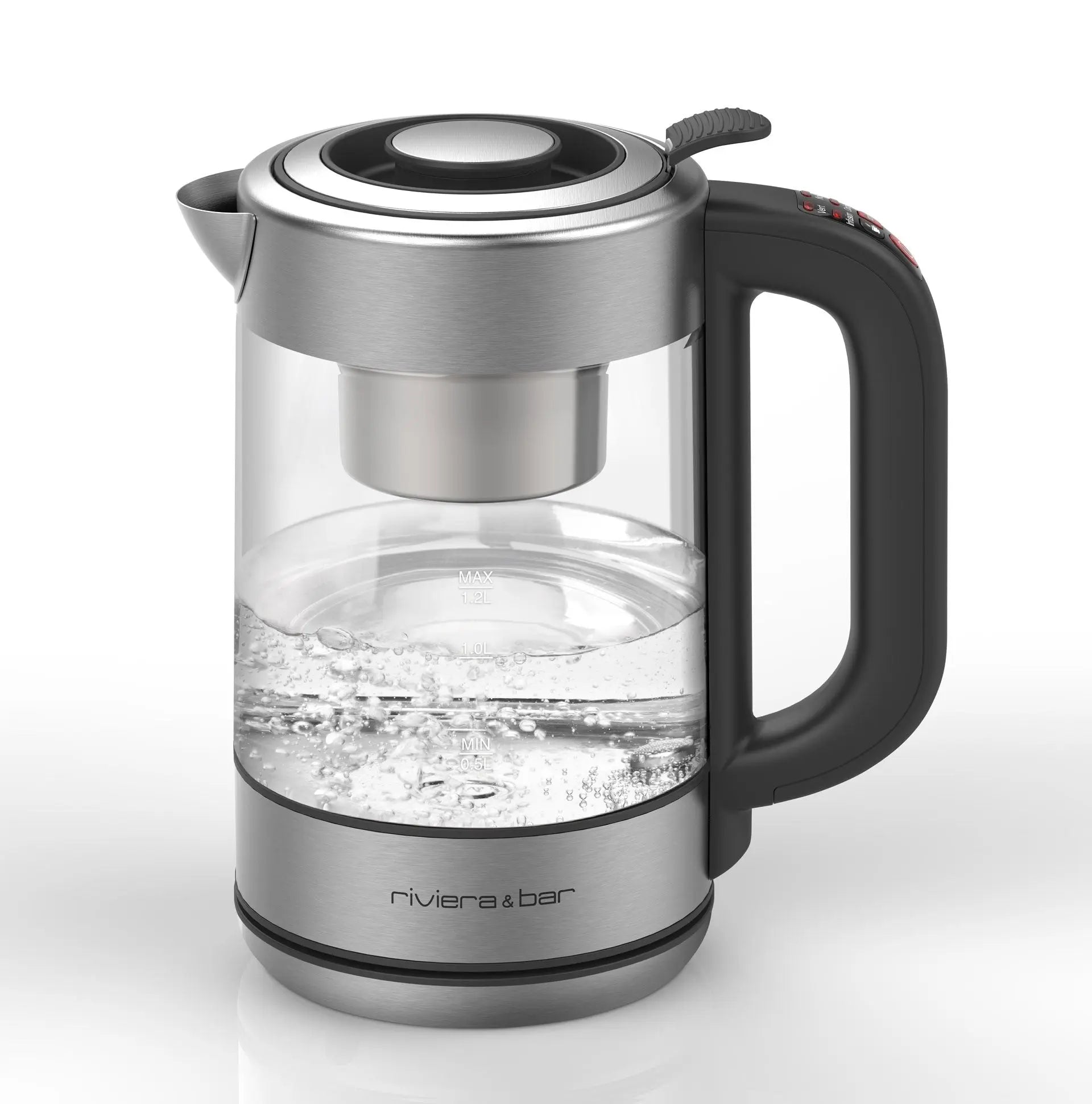 Bouilloire électrique en verre et acier inoxydable avec poignée noire.