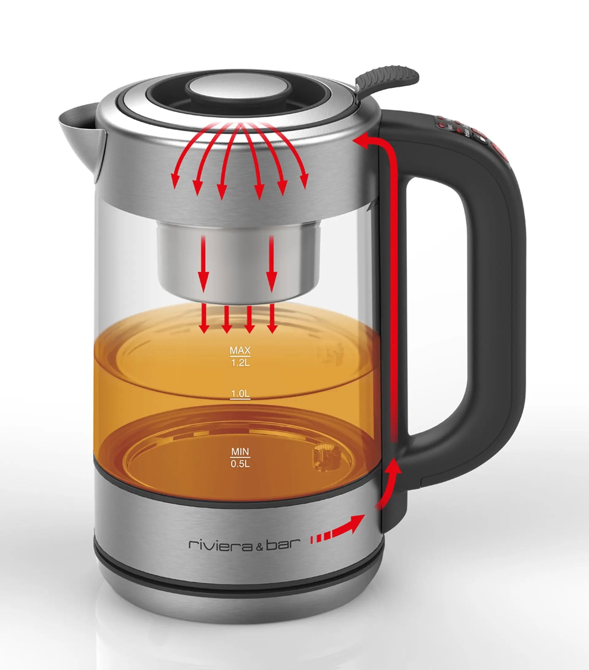 Bouilloire électrique en verre et acier inoxydable.