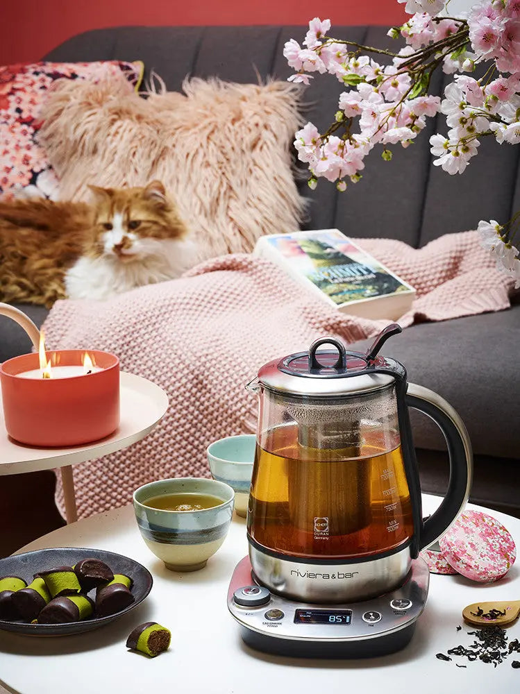 Nature morte confortable avec théière, tasse à thé, bougie, friandises et chat sur un canapé.