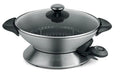 Wok électrique en inox avec couvercle en verre.