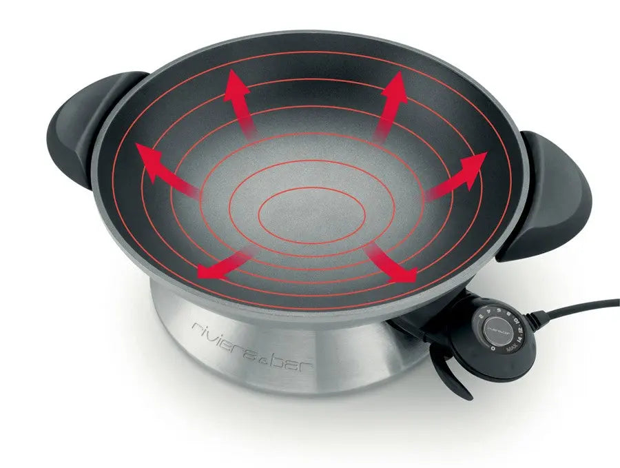 Wok électrique noir et argenté.