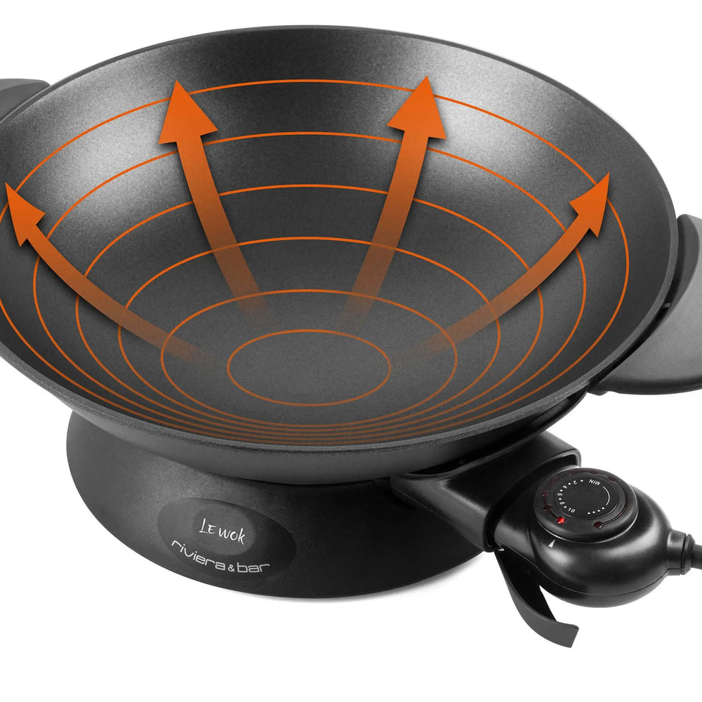 Wok électrique noir avec flèches thermiques orange.
