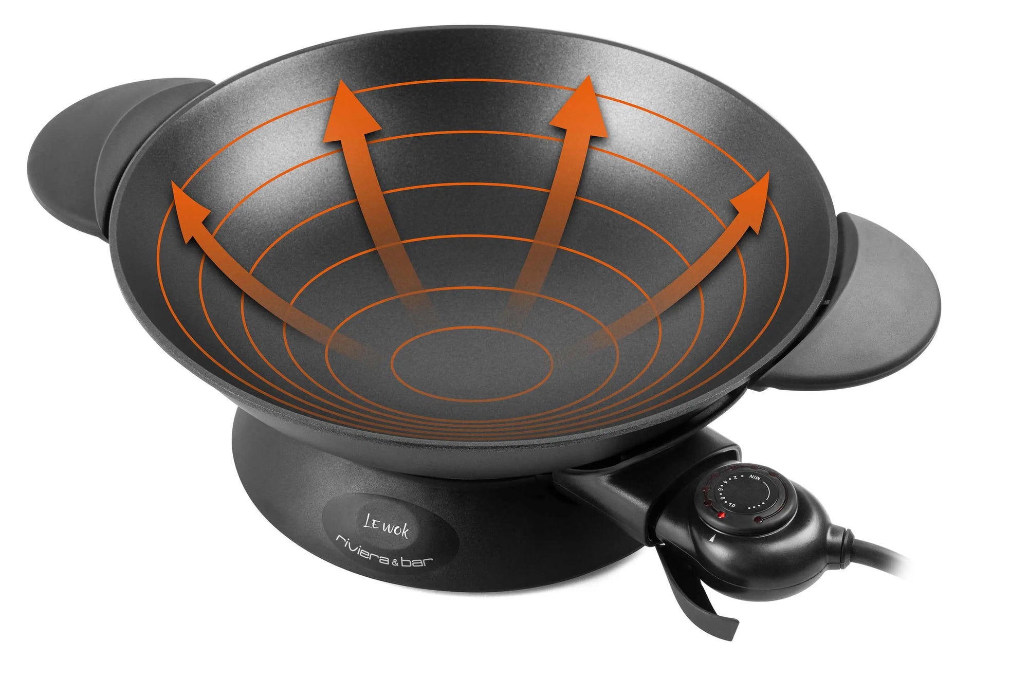 Wok électrique noir avec flèches thermiques orange.
