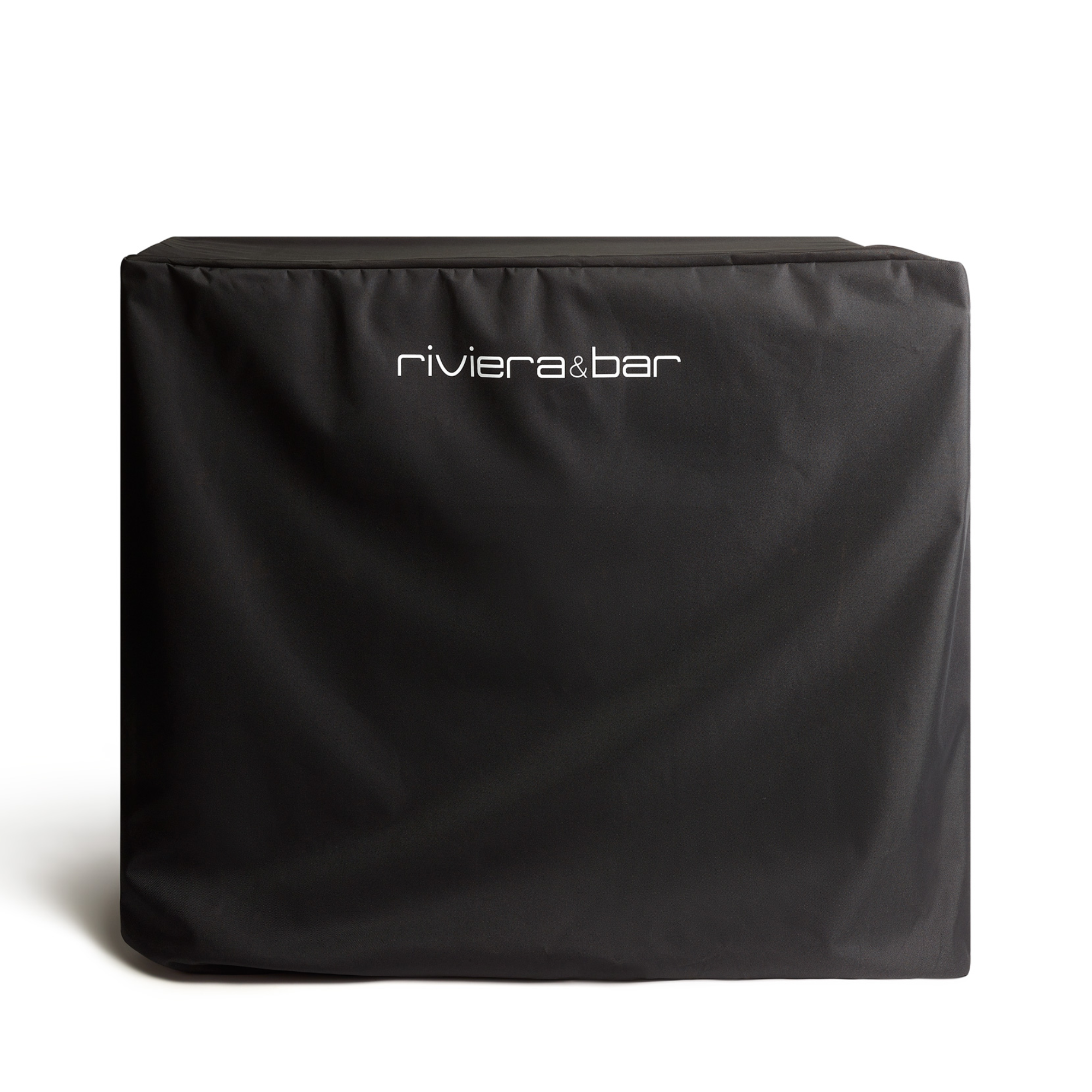 Une housse imperméable noire pour service de table de la marque Riviera&Bar, ornée du logo blanc de la marque sur le devant, qui se détache sur un fond blanc uni.
